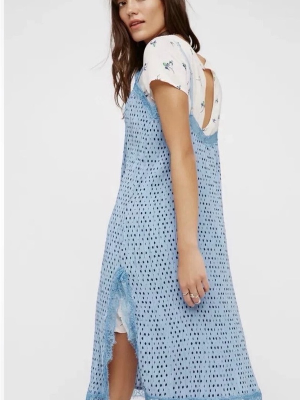 Free People Margot Light Blue with Black Polka Dot Lace-Trim Midi